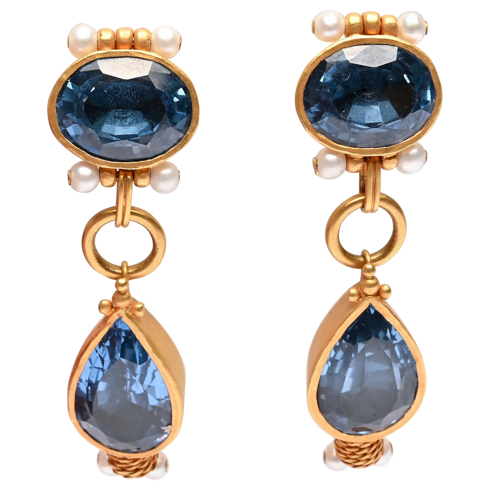 Blue Topaz and Pearls Gold Earrings For Sale