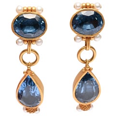 Retro Blue Topaz and Pearls Gold Earrings