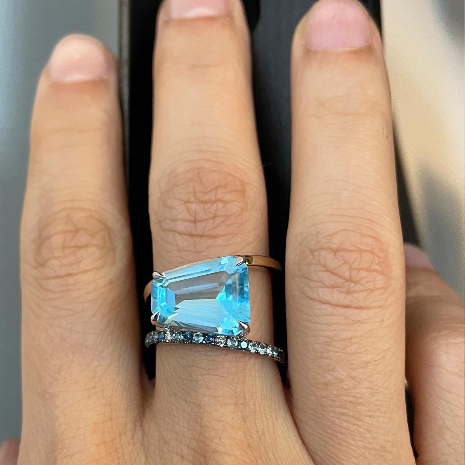 SELIN KENT's Pera Ring is bold, colorful and elegant. Featuring the perfect shade of blue topaz with a mixed color band in 14k yellow and white gold.

Custom cut Blue Topaz: ~ 5 carats
Band features a mix of blue topaz, blue/gray sapphires, blue