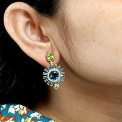 Blue Topaz and Peridot Geometric Halo Dangle Earrings In 18k Yellow Gold