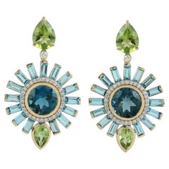 Blue Topaz and Peridot Geometric Halo Dangle Earrings In 18k Yellow Gold