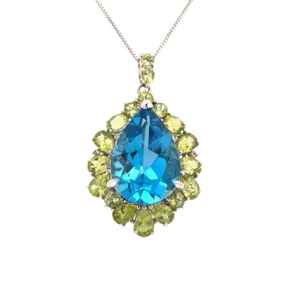 Modernist Blue Topaz and Peridot Gold Drop Statement Vintage Pendant Necklace For Sale