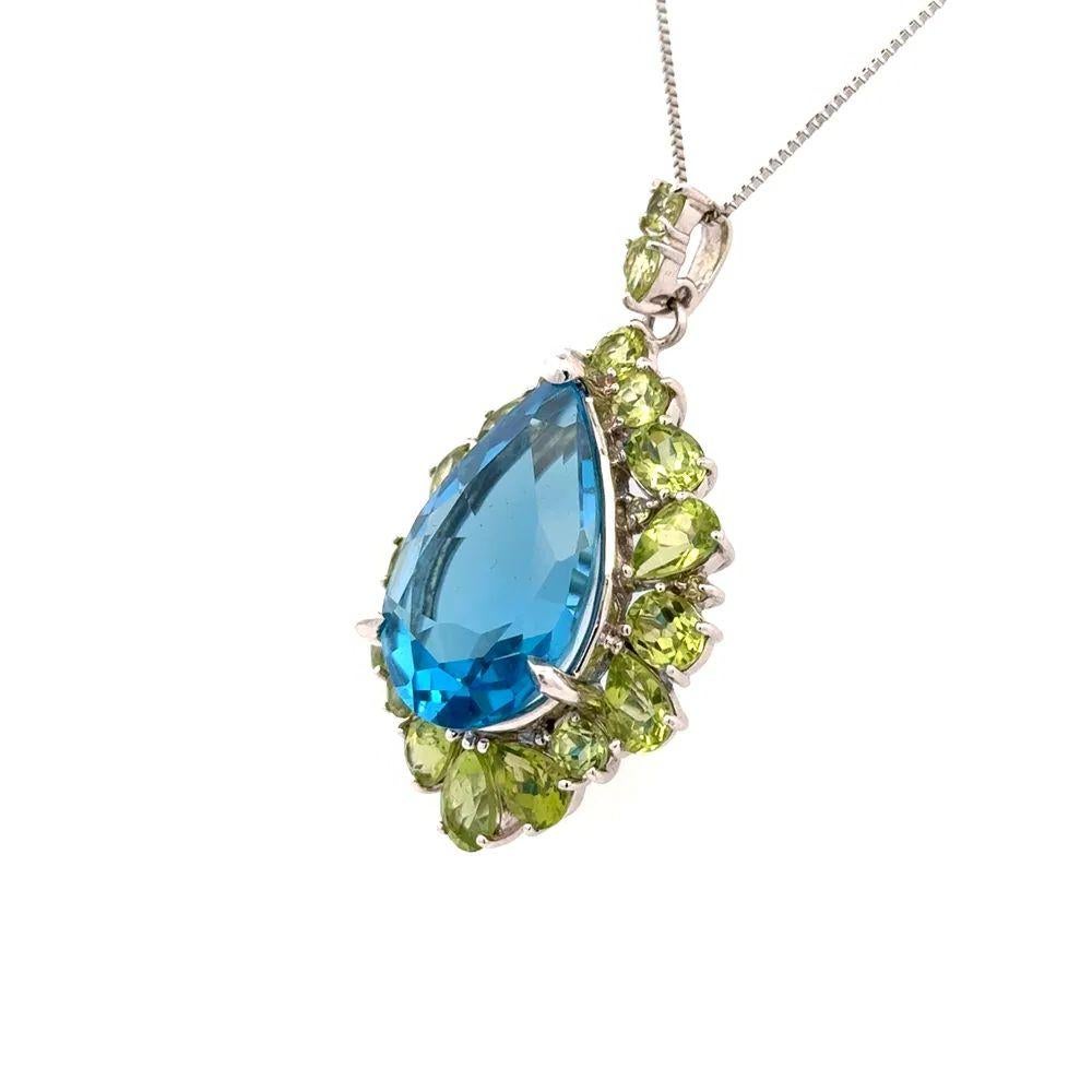 Pear Cut Blue Topaz and Peridot Gold Drop Statement Vintage Pendant Necklace For Sale