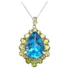 Blue Topaz and Peridot Gold Drop Statement Vintage Pendant Necklace