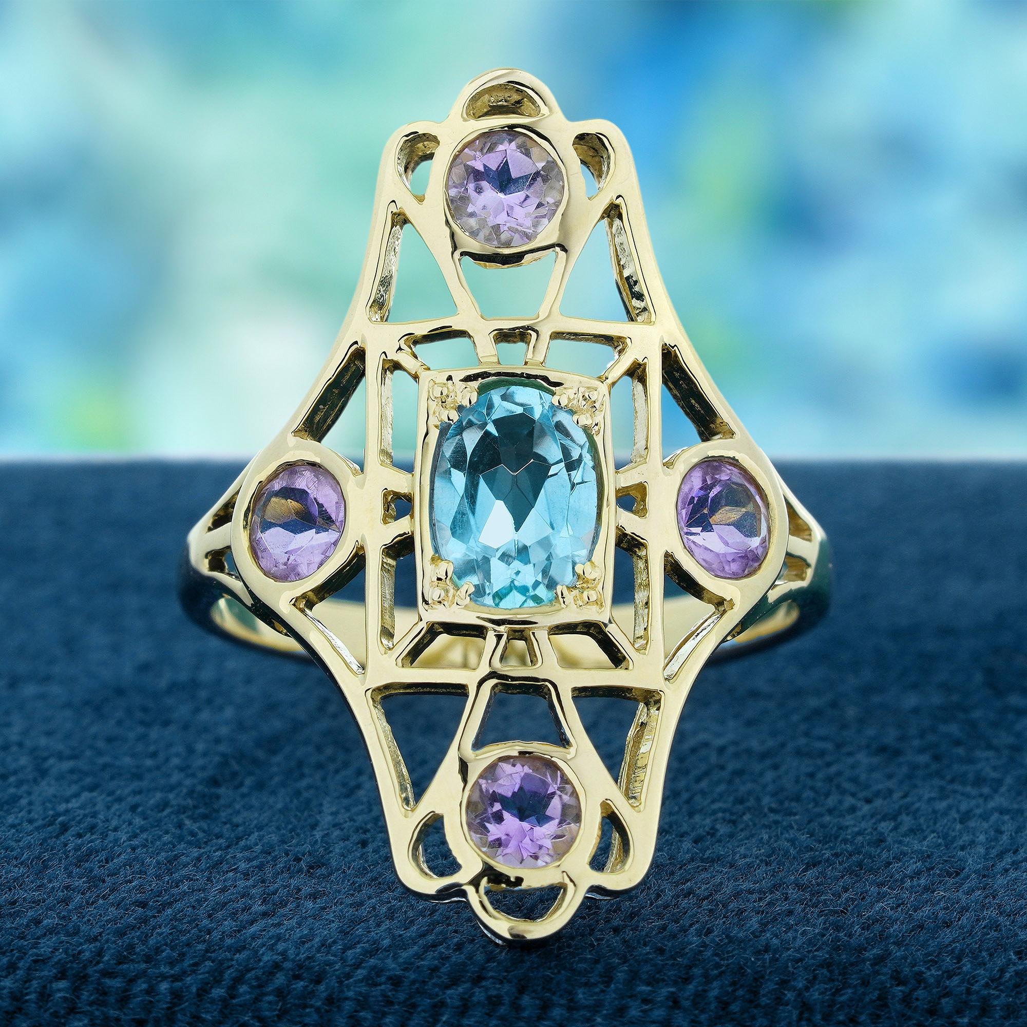 Dieser filigrane Ring mit natürlichem Blautopas und rosa Amethysten im Vintage-Stil zeigt einen atemberaubenden Londoner Blautopas in der Mitte, umgeben von vier zarten rosa Amethysten an jeder Spitze. Die filigrane Fassung verleiht ihm einen Hauch