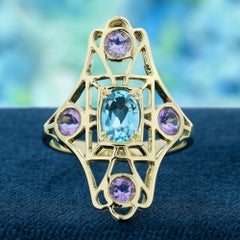 Blue Topaz and Pink Amethyst Vintage  Style Filigree Ring in Solid 9K Gold
