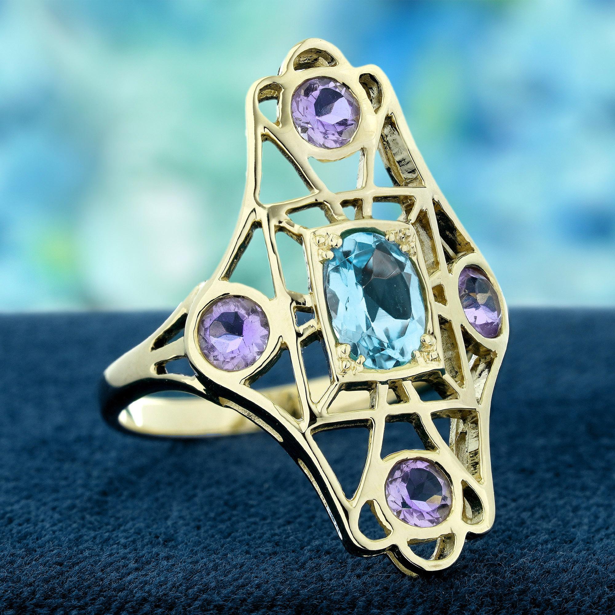 Blauer Topas und rosa Amethyst Vintage  Filigraner Ring im Stil von massivem 9K Gold (Edwardian) im Angebot