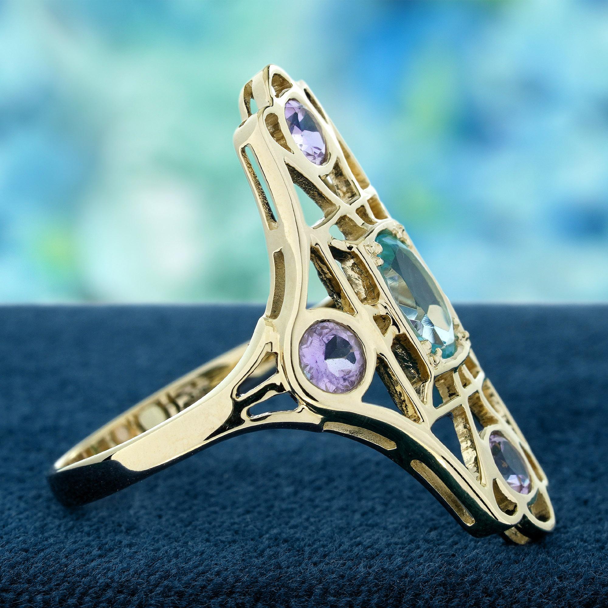 Blauer Topas und rosa Amethyst Vintage  Filigraner Ring im Stil von massivem 9K Gold (Ovalschliff) im Angebot