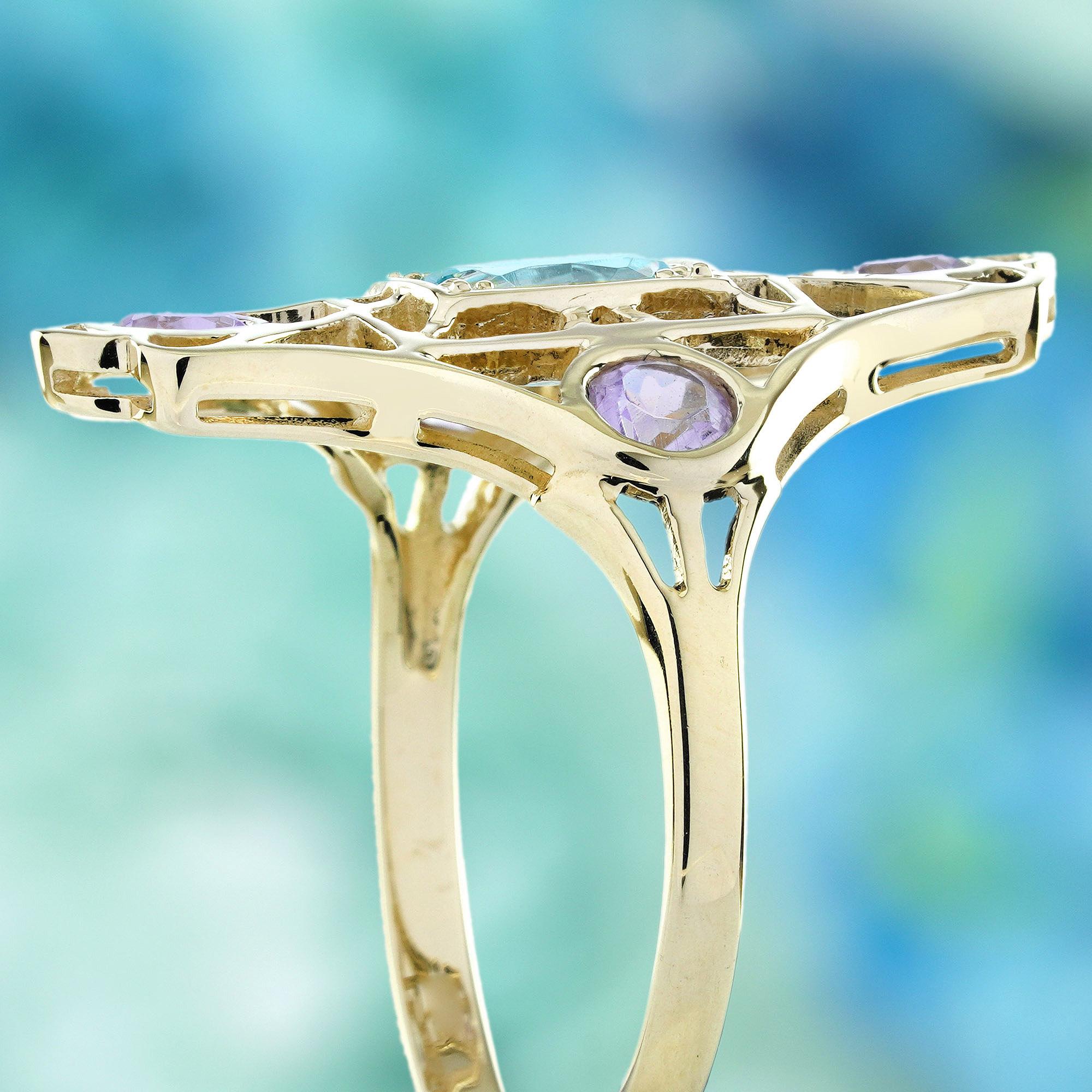 Blauer Topas und rosa Amethyst Vintage  Filigraner Ring im Stil von massivem 9K Gold Damen im Angebot
