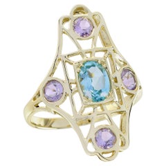Blue Topaz and Pink Amethyst Vintage  Style Filigree Ring in Solid 9K Gold