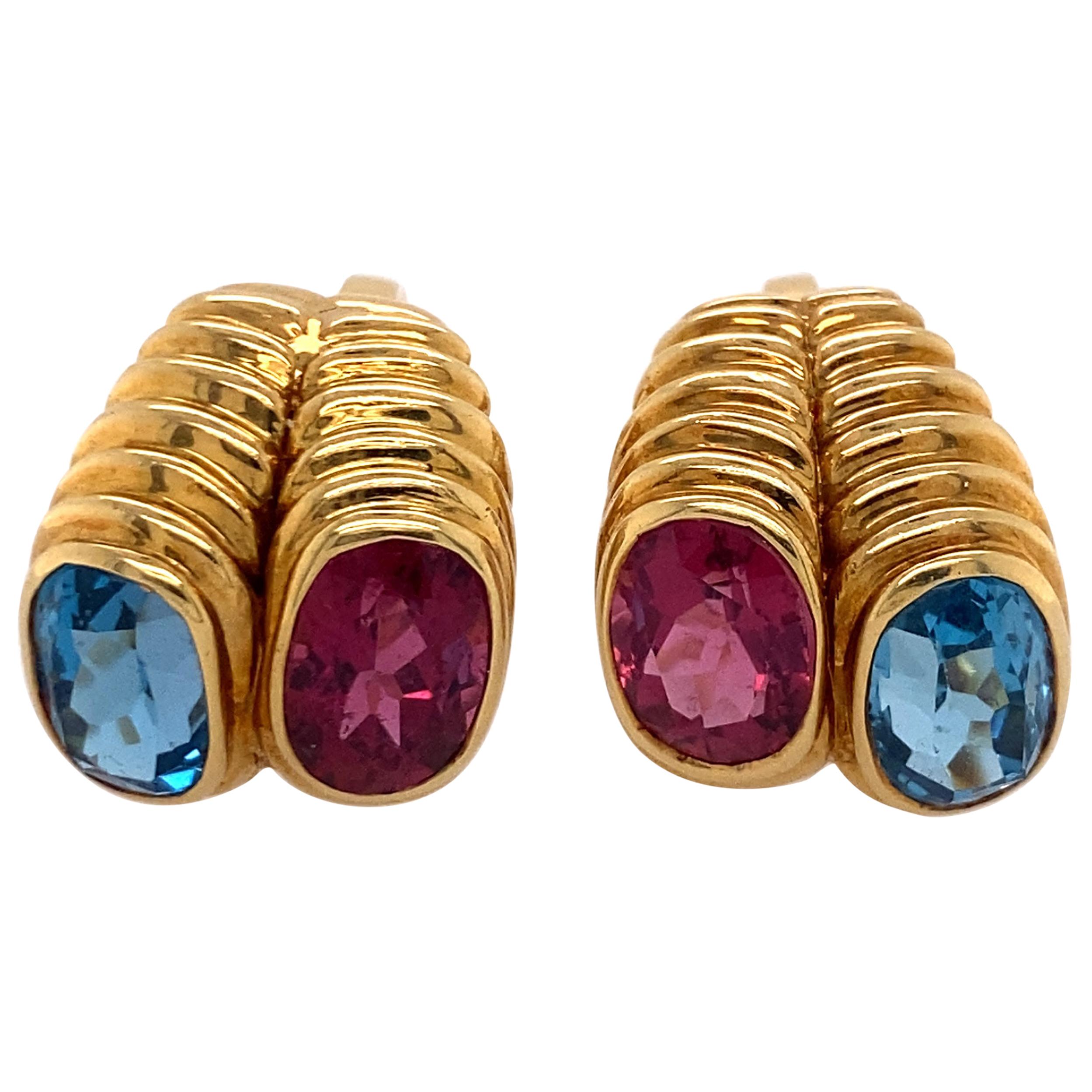 Blue Topaz and Pink Tourmaline Clip Earrings For Sale