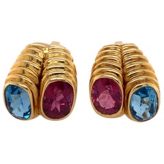 Boucles d'oreilles Clips en topaze bleue et tourmaline rose