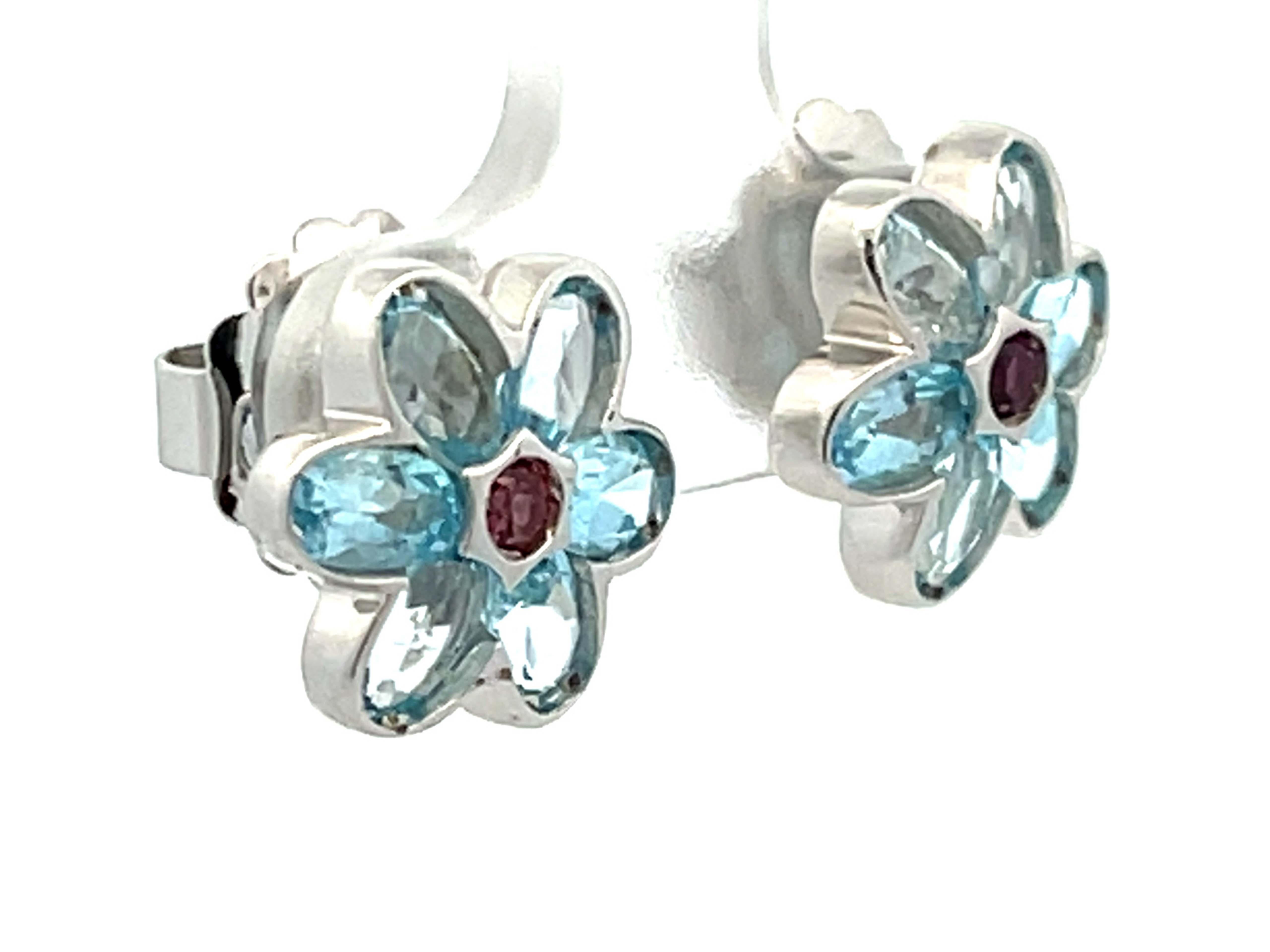 Modern Blue Topaz and Pink Tourmaline Flower Earrings in 14k White Gold For Sale
