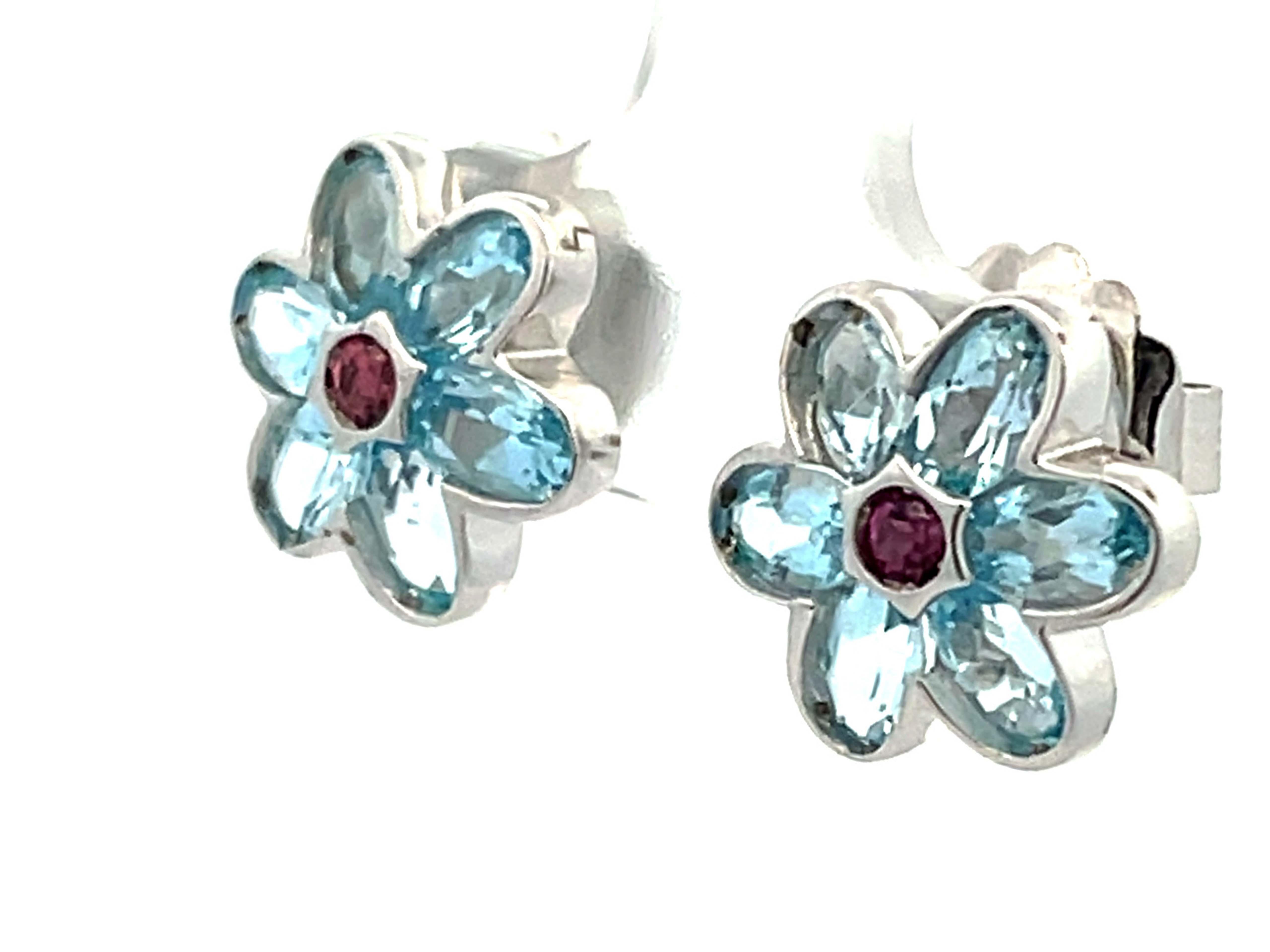 Mixed Cut Blue Topaz and Pink Tourmaline Flower Earrings in 14k White Gold For Sale