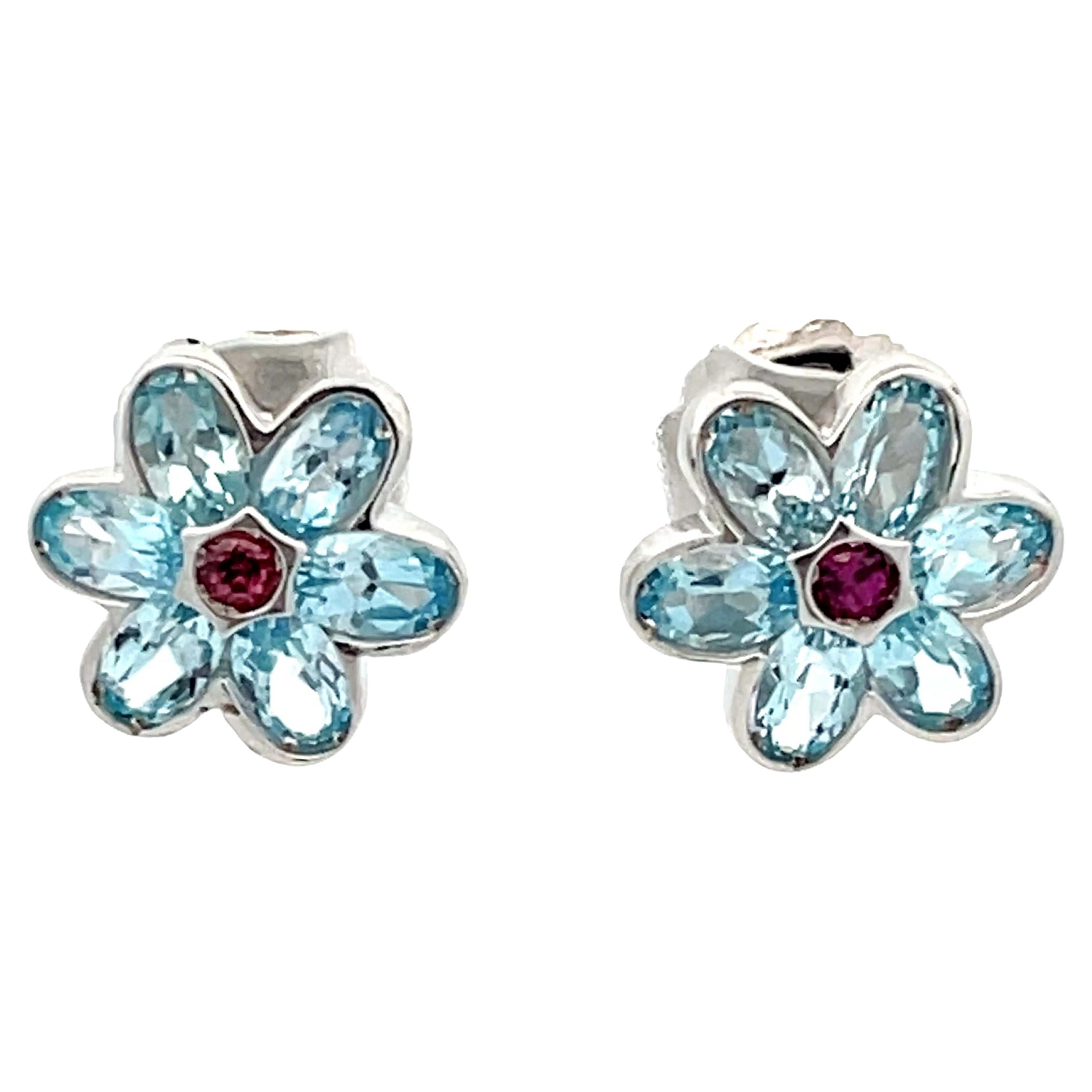 Blue Topaz and Pink Tourmaline Flower Earrings in 14k White Gold For Sale