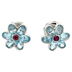 Blue Topaz and Pink Tourmaline Flower Earrings in 14k White Gold