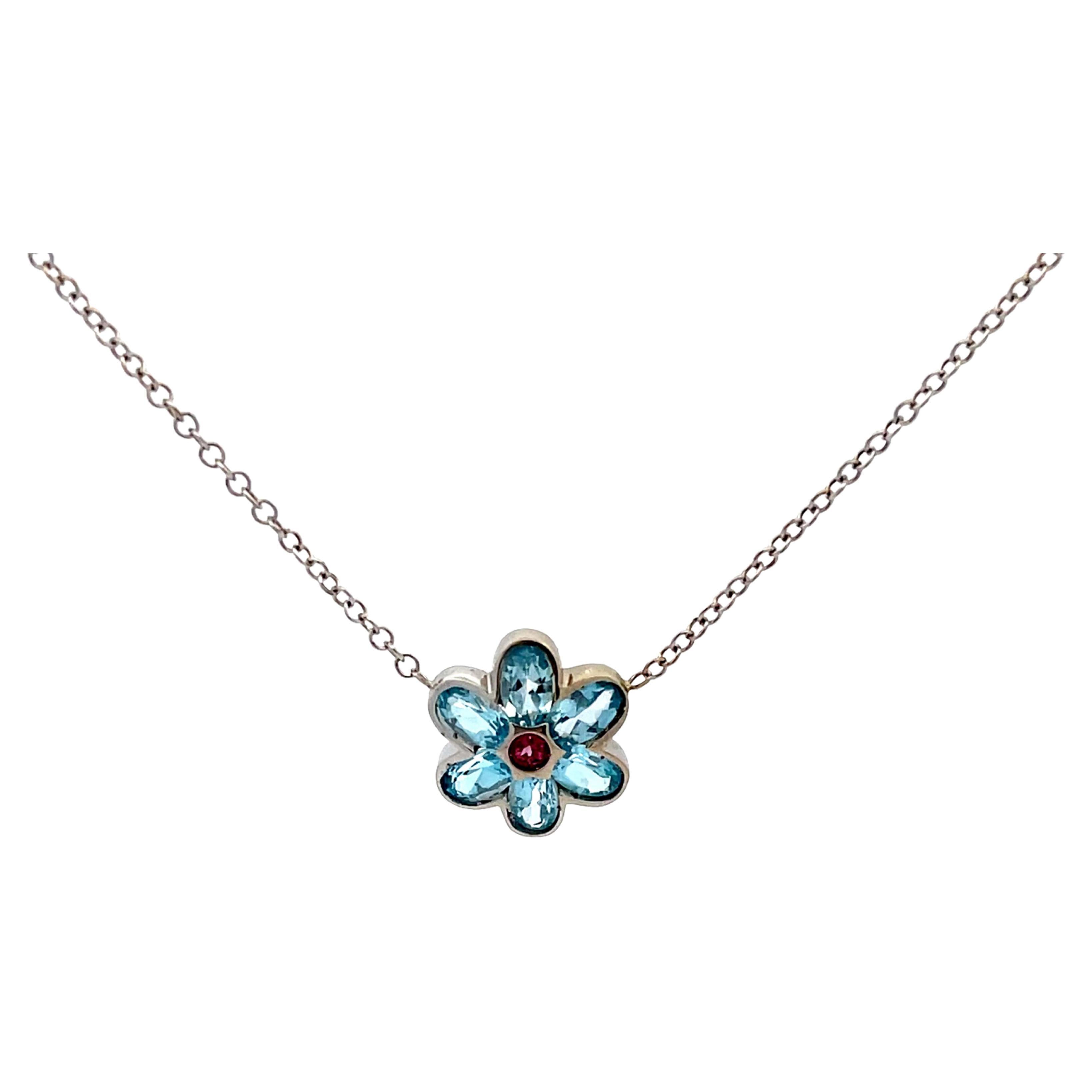 Blue Topaz and Pink Tourmaline Flower Necklace in 14k White Gold For Sale
