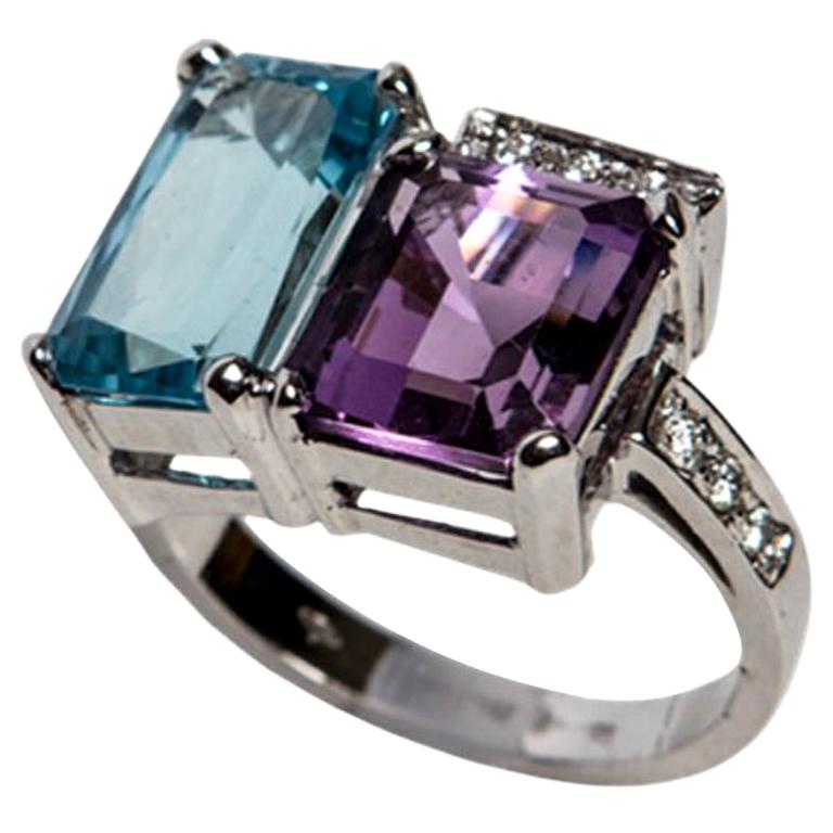 Blue Topaz and Purple Amethyst White Gold 18 Karat Ring with White Diamonds