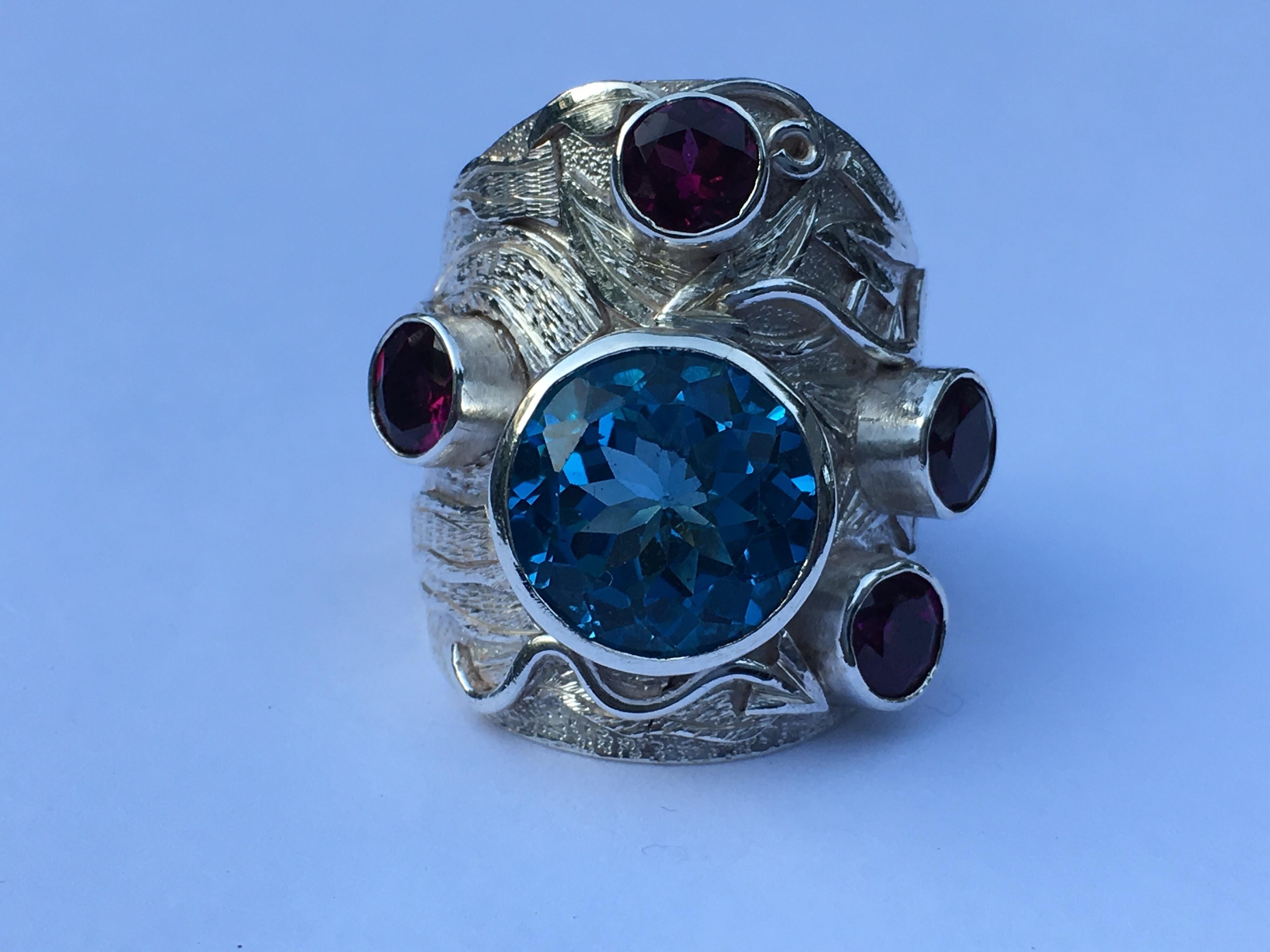 Blue Topaz and Rhodolite Garnet Ring 3