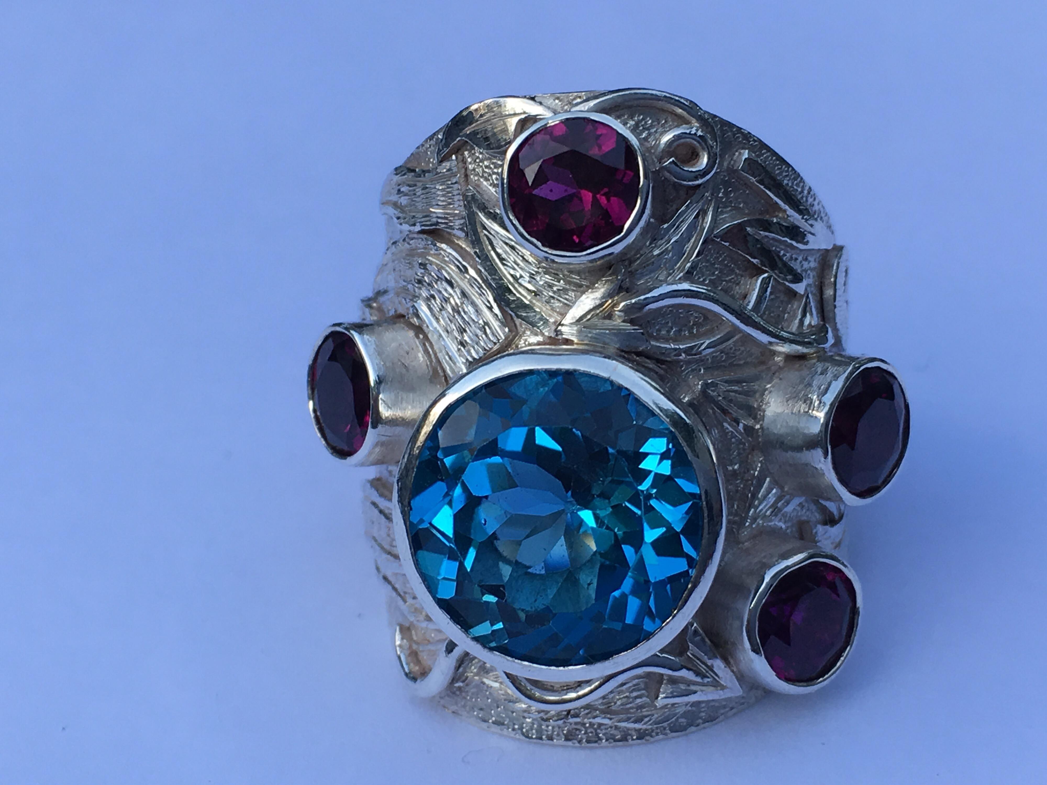 Blue Topaz and Rhodolite Garnet Ring 1