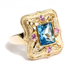 Blue Topaz and Round Pink Sapphire Vintage 9 Carat Yellow Gold Ring