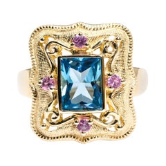 Blue Topaz and Round Pink Sapphire Vintage 9 Carat Yellow Gold Ring