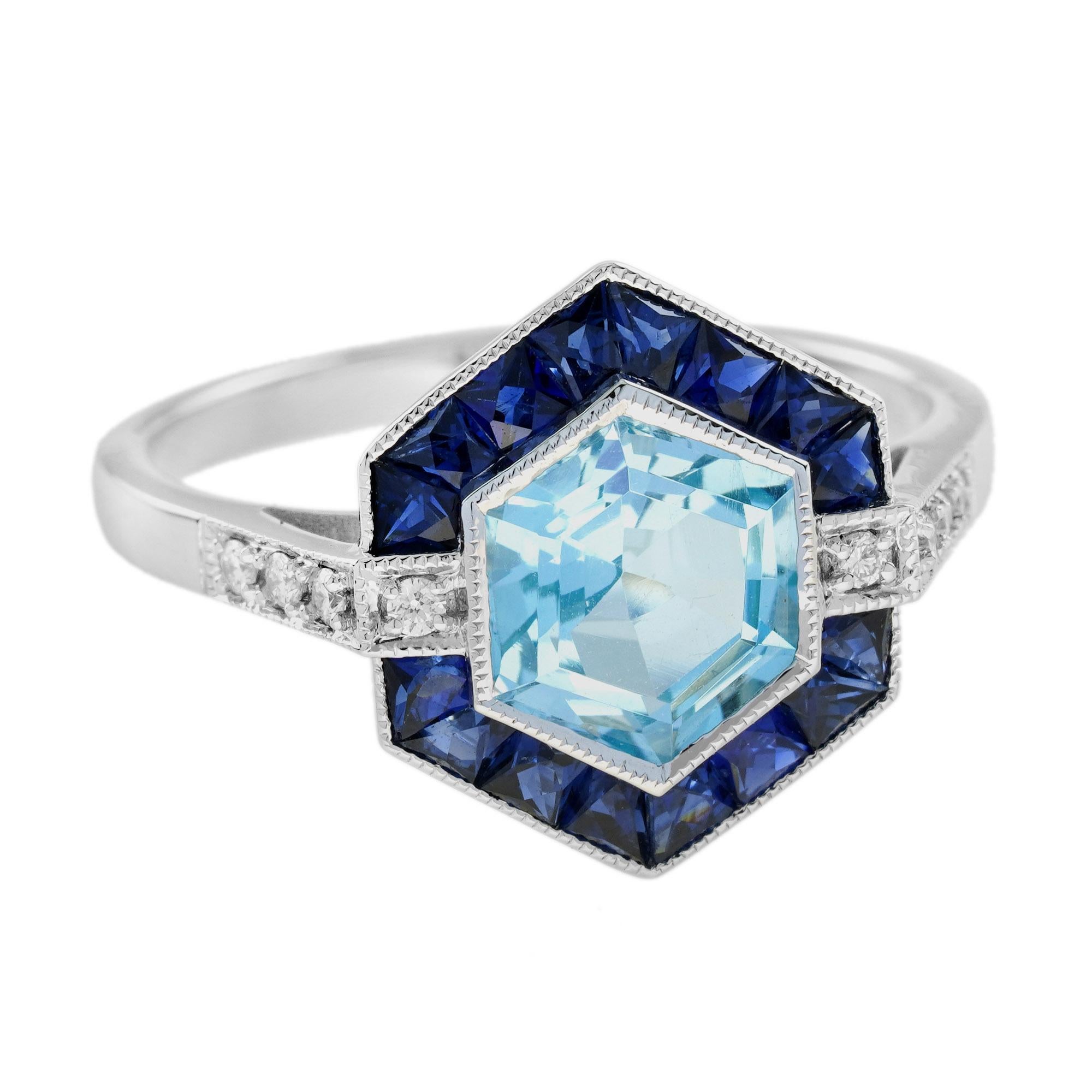 Tauchen Sie ein in die Eleganz der Art-Déco-Ära mit diesem fesselnden Sechseckring, bei dem kühne Linien auf leuchtende Farben treffen. Das Herzstück, ein strahlender Blautopas, leuchtet in einer eleganten Lünettenfassung, umrahmt von einem