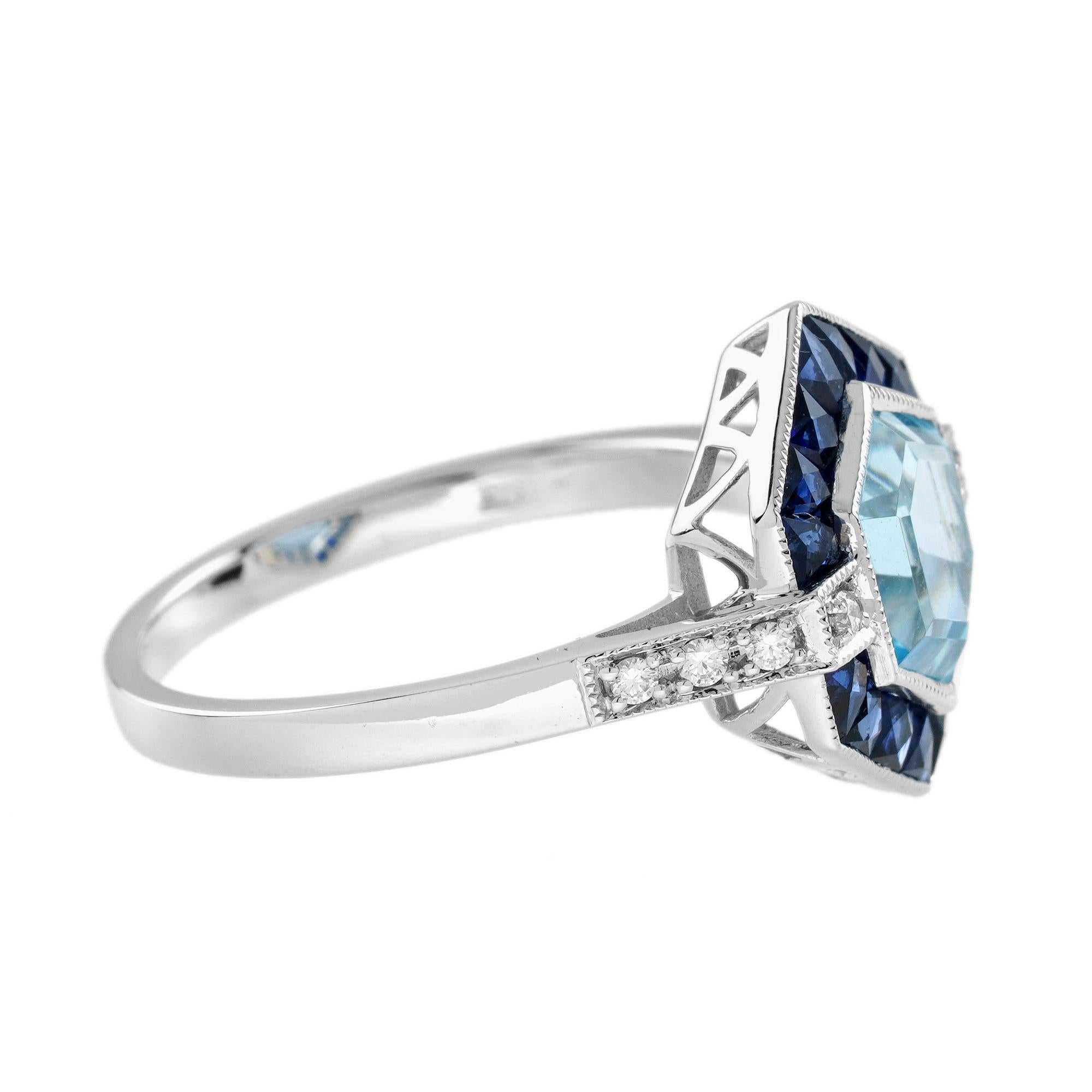 Blauer Topas und Saphir Art Deco Stil Sechseck Ziel Ring in 14K Weißgold (Art déco) im Angebot