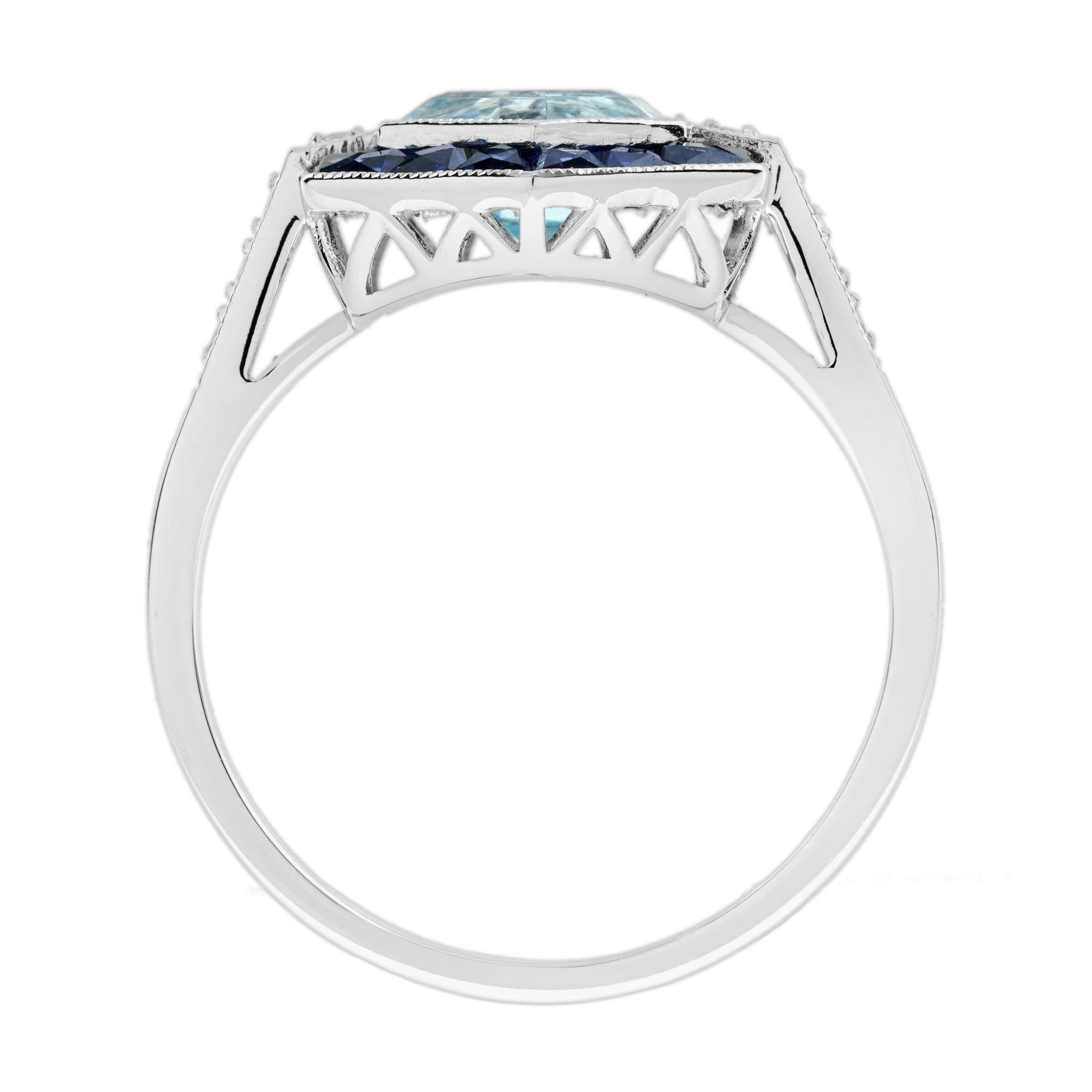 Blauer Topas und Saphir Art Deco Stil Sechseck Ziel Ring in 14K Weißgold im Zustand „Neu“ im Angebot in Bangkok, TH