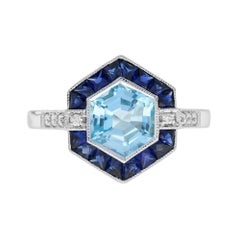 Blue Topaz and Sapphire Art Deco Style Hexagon Target Ring in 14K White Gold