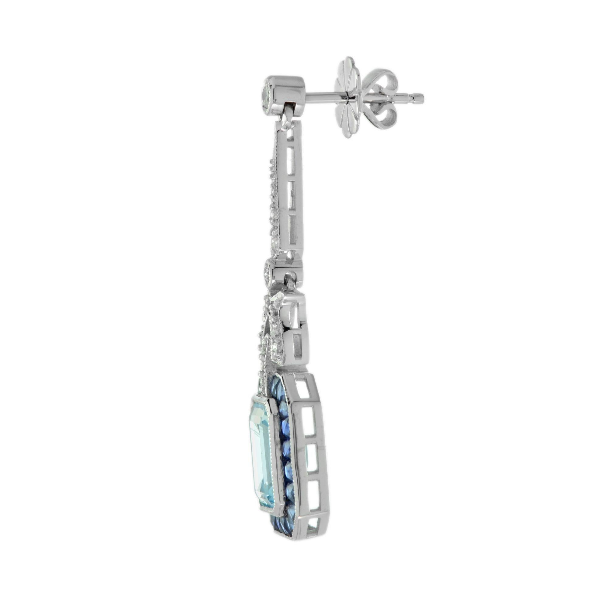 Emerald Cut Blue Topaz and Sapphire Diamond Art Deco Style Drop Earrings in 14K White Gold For Sale