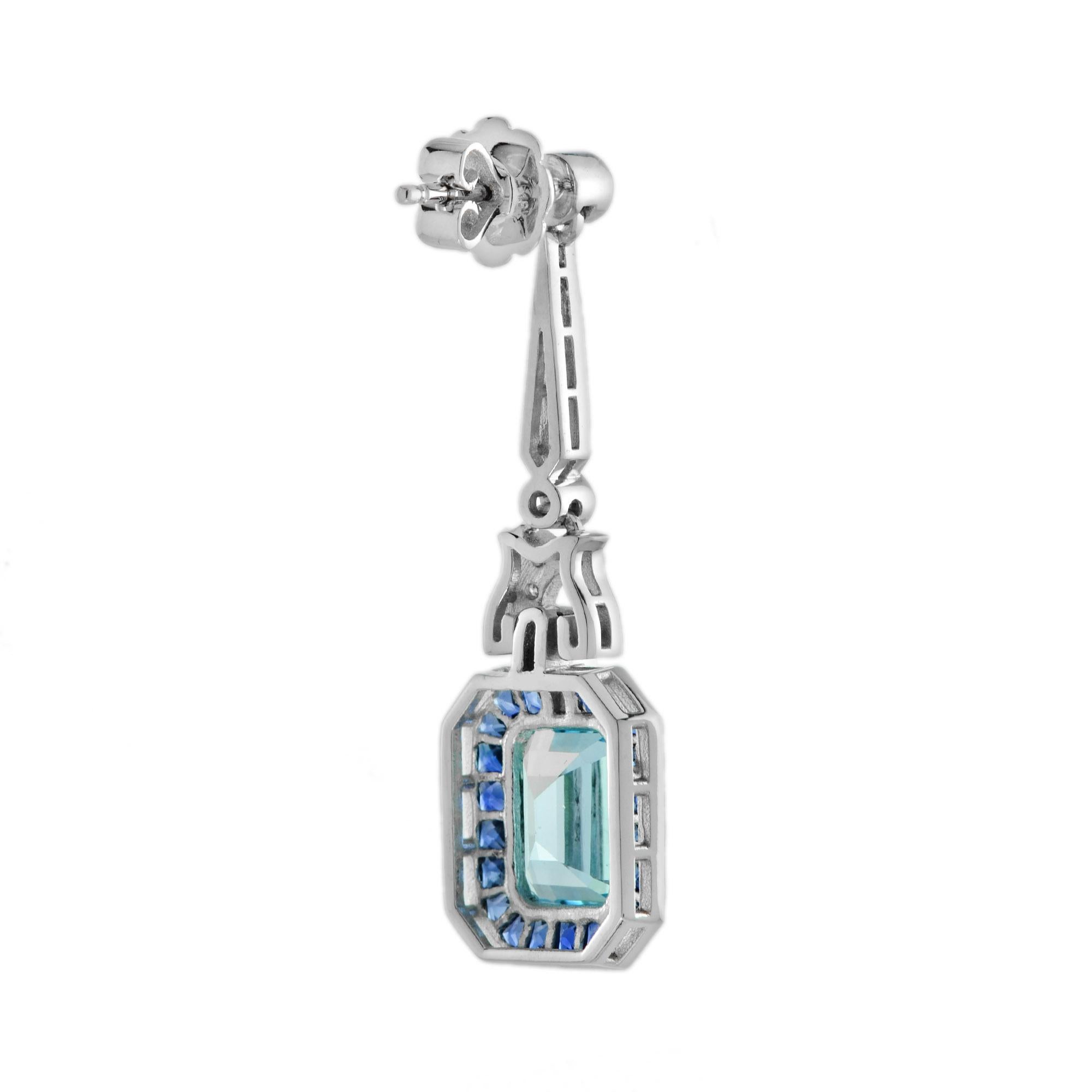 Blue Topaz and Sapphire Diamond Art Deco Style Drop Earrings in 14K White Gold In New Condition For Sale In Bangkok, TH