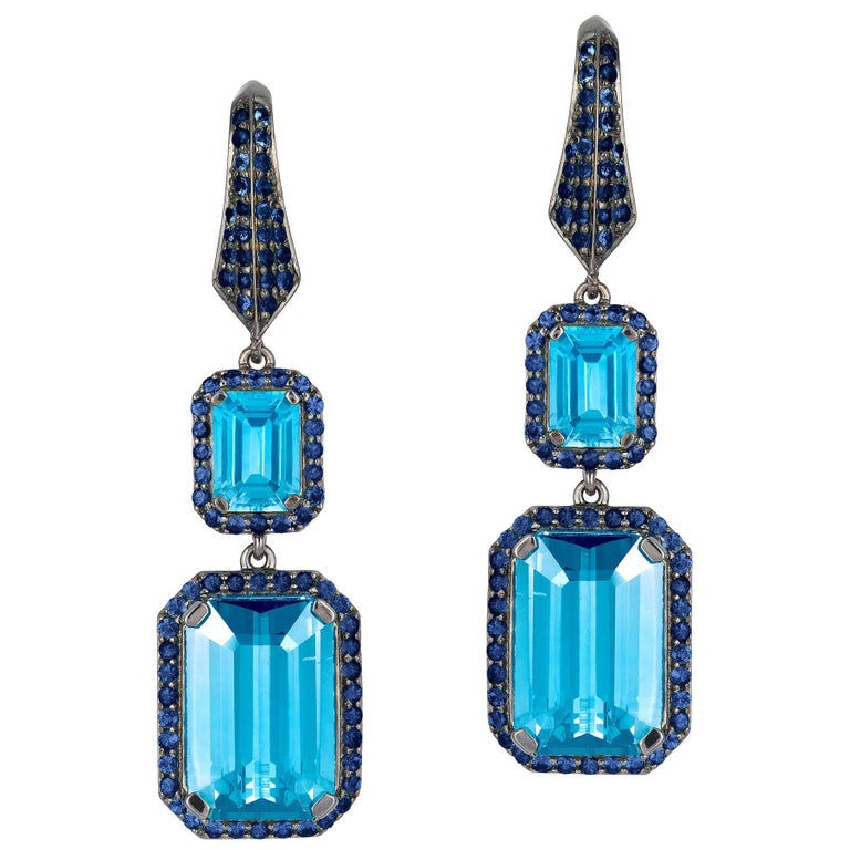 Goshwara Emerald Cut Blue Topaz And Sapphire Earrings For Sale at 1stDibs