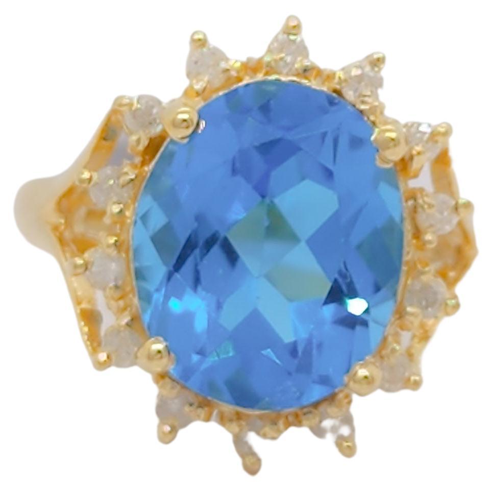 Blue Topaz and White Diamond Cocktail Ring in 14k Yellow Gold