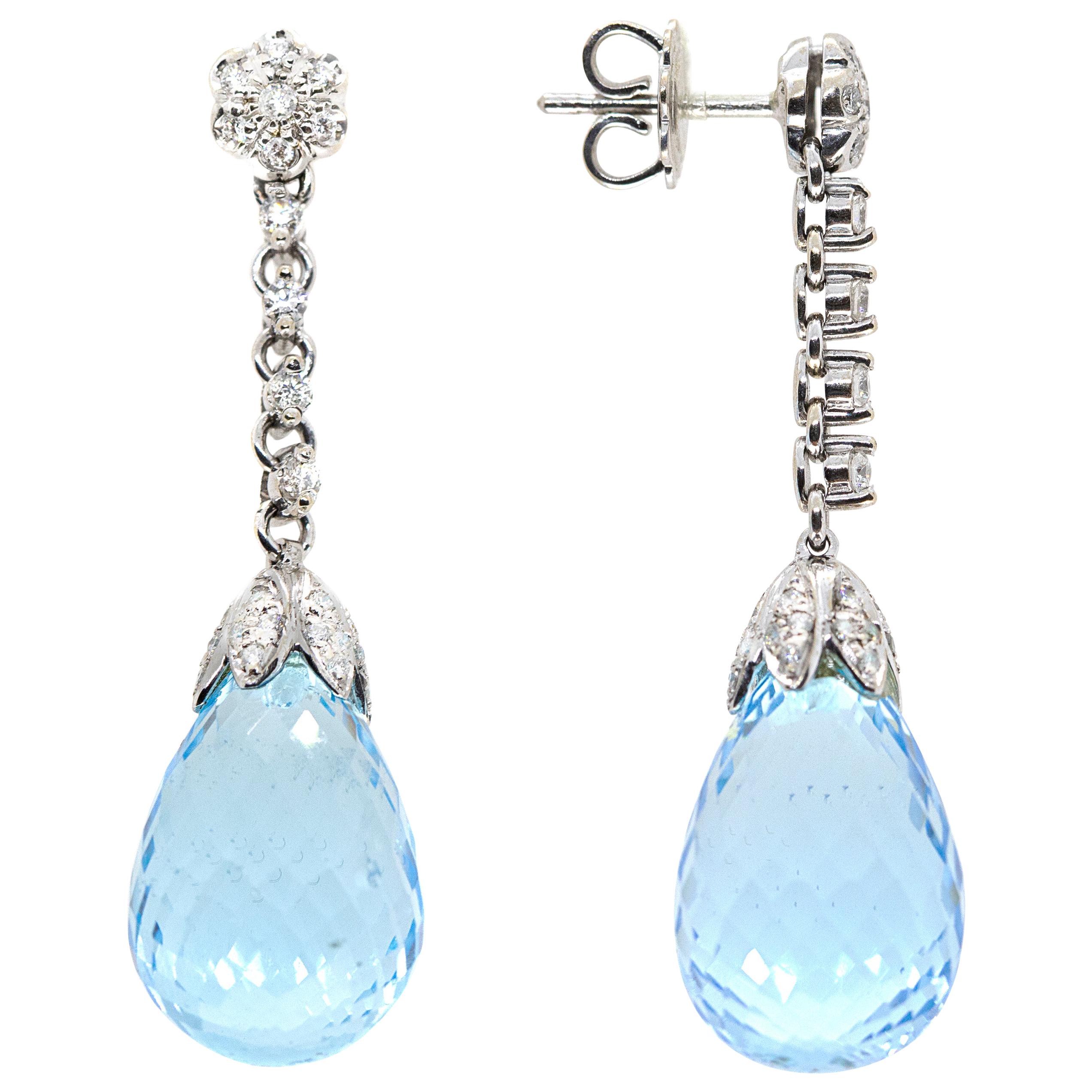 21st Century 18 Karat White Gold Blue Topaz and White Diamond Earrings For Sale