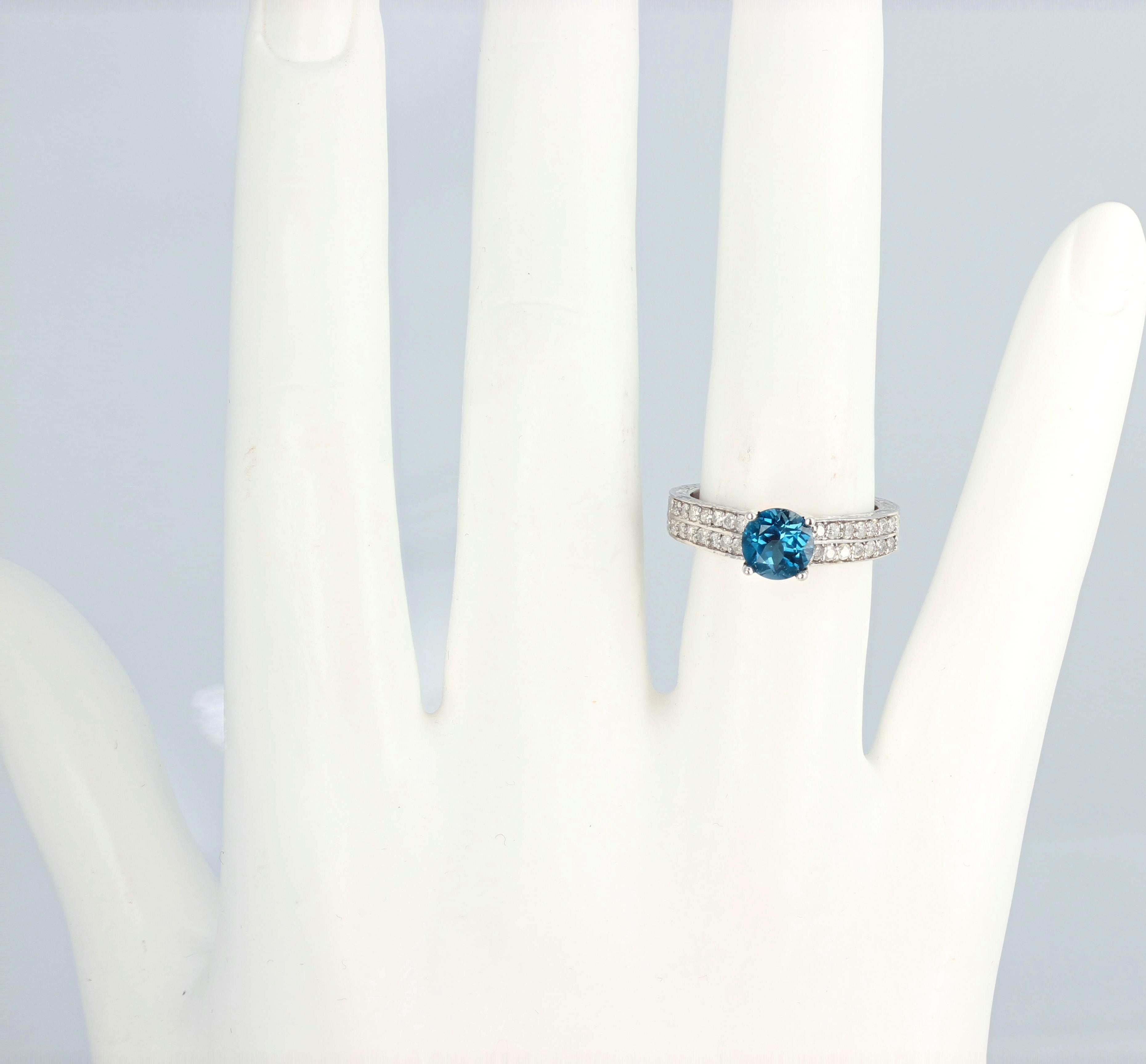 Round Cut AJD Delicate Elegant Blue Topaz & Brilliant White Diamonds White Gold Ring For Sale