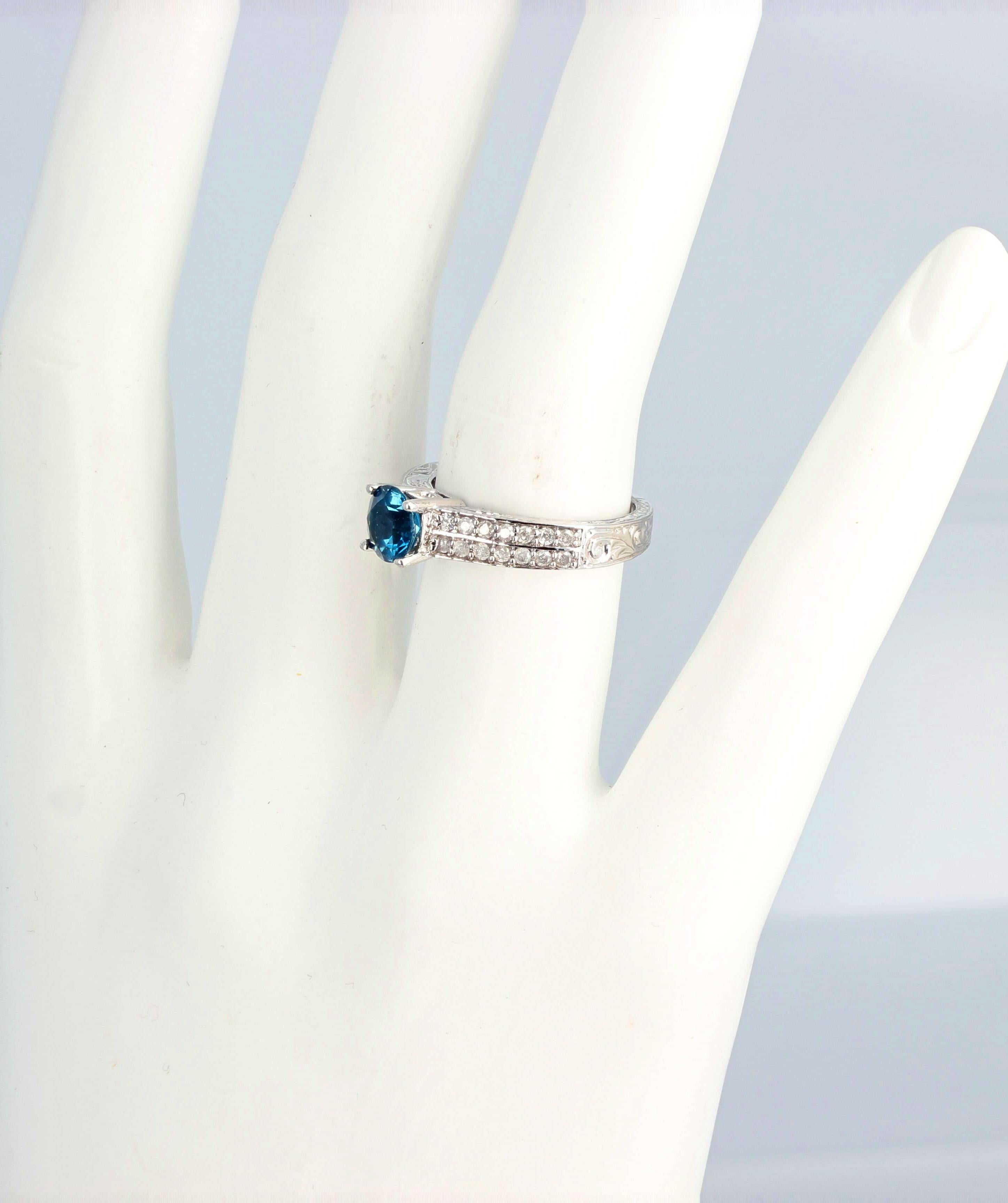 AJD Delicate Elegant Blue Topaz & Brilliant White Diamonds White Gold Ring In New Condition For Sale In Raleigh, NC