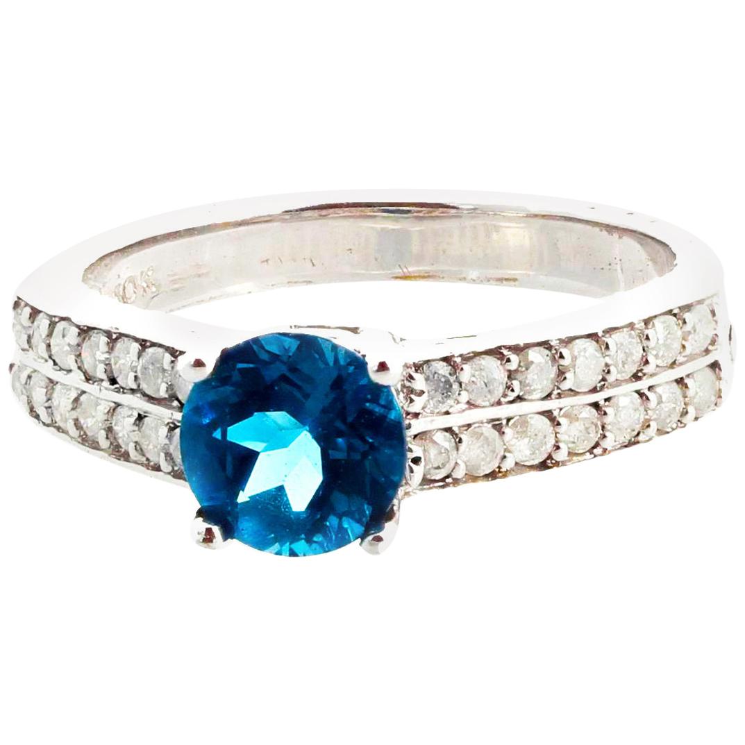 AJD Delicate Elegant Blue Topaz & Brilliant White Diamonds White Gold Ring For Sale