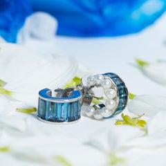 Priyashi Nahata Blue Topaz and White Pearl Frisky Hoops Earring in 18KWG