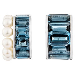 Used Blue Topaz and White Pearl Frisky Hoops Earring in 18 Karat White Gold