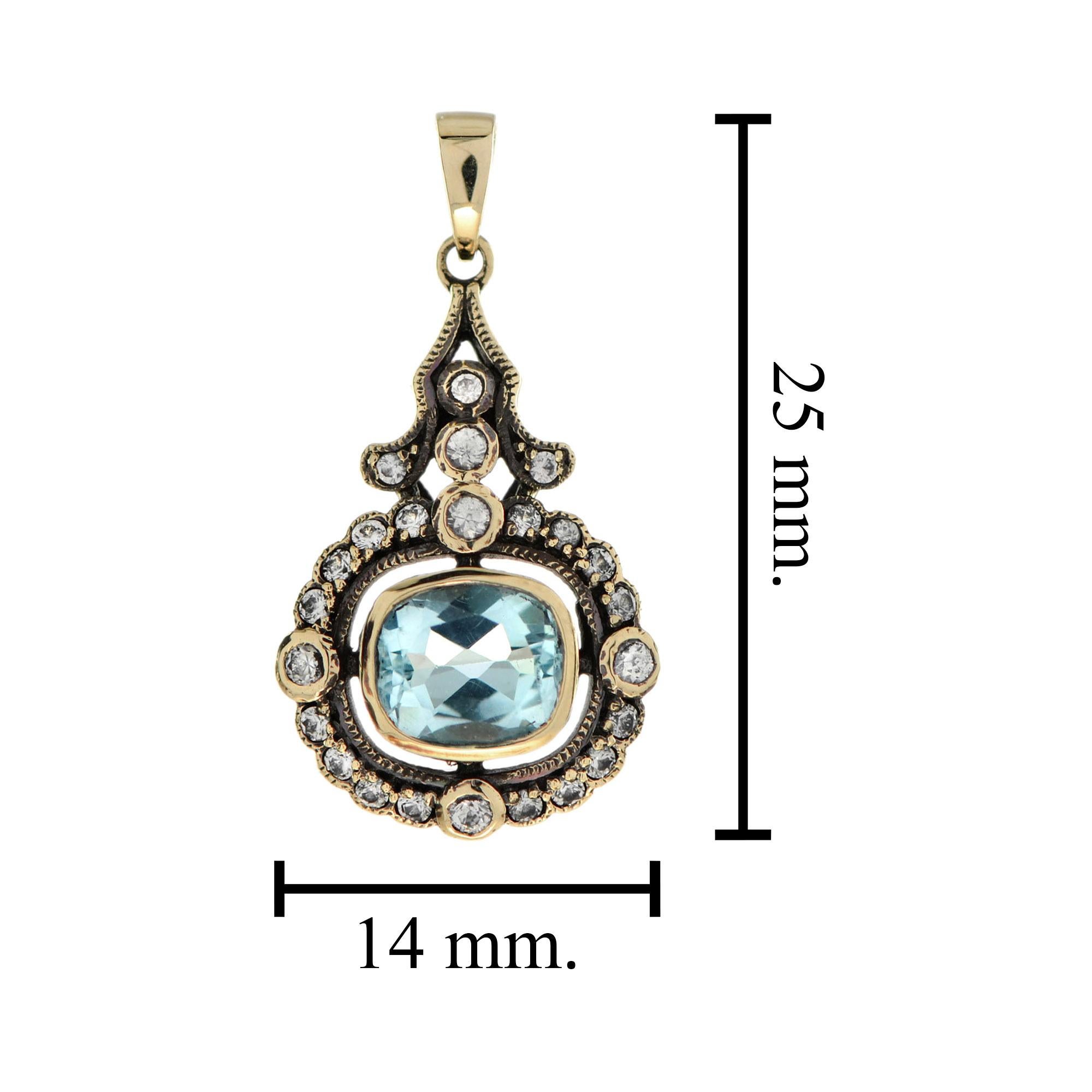 Taille ovale Topaze bleue et saphir blanc Pendentif de style Art Déco en or jaune 9k en vente