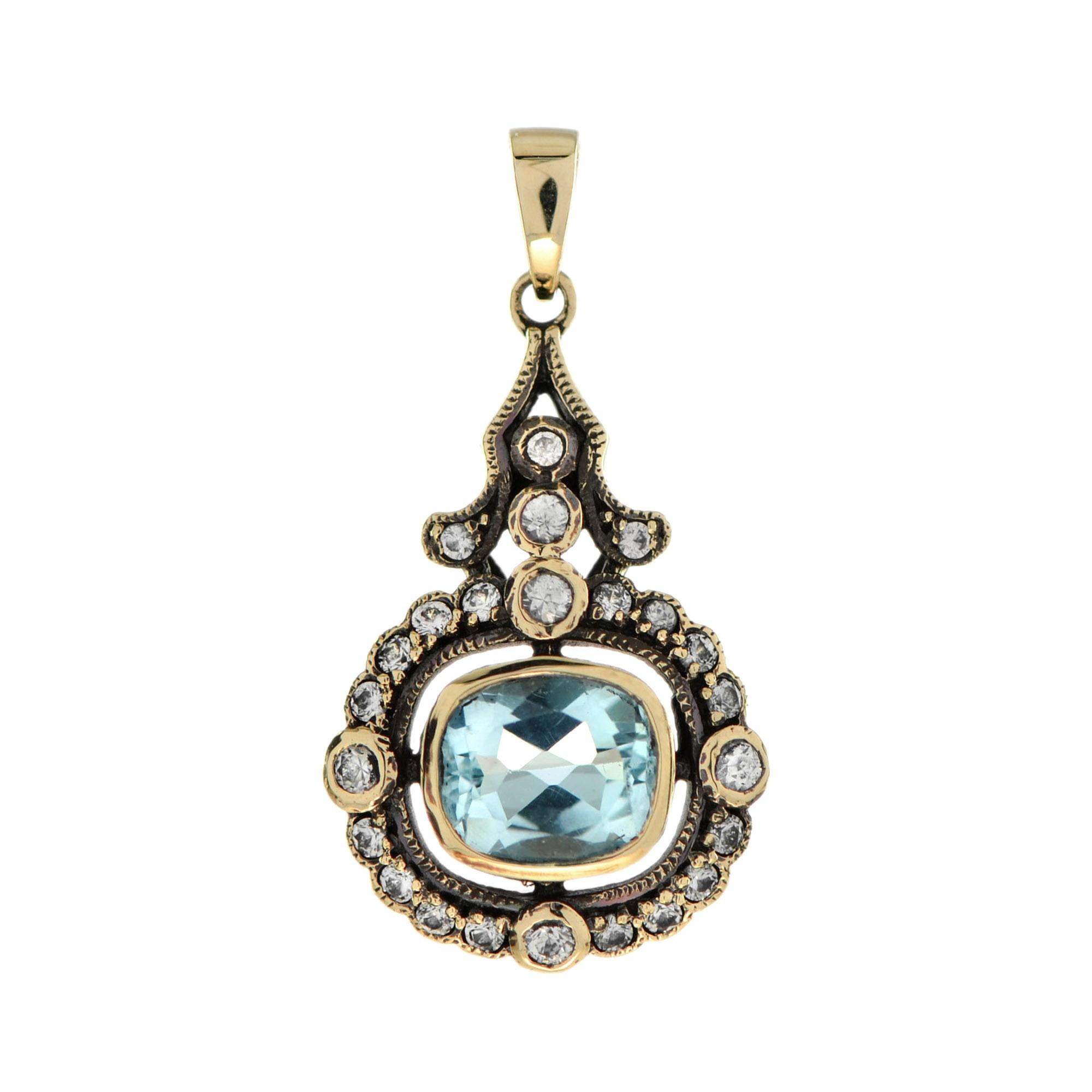 Topaze bleue et saphir blanc Pendentif de style Art Déco en or jaune 9k en vente
