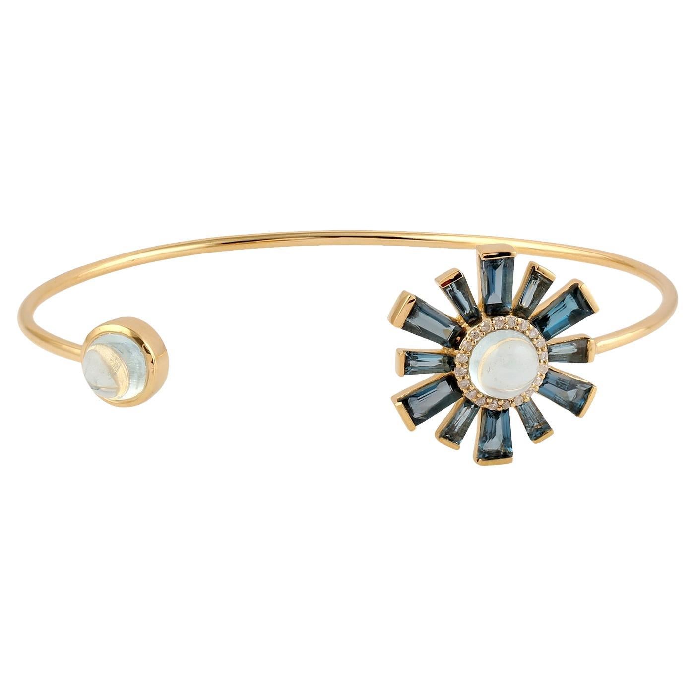 Blue Topaz & Aquamarine Sunburst Bracelet With Diamonds In 18k Yellow Gold