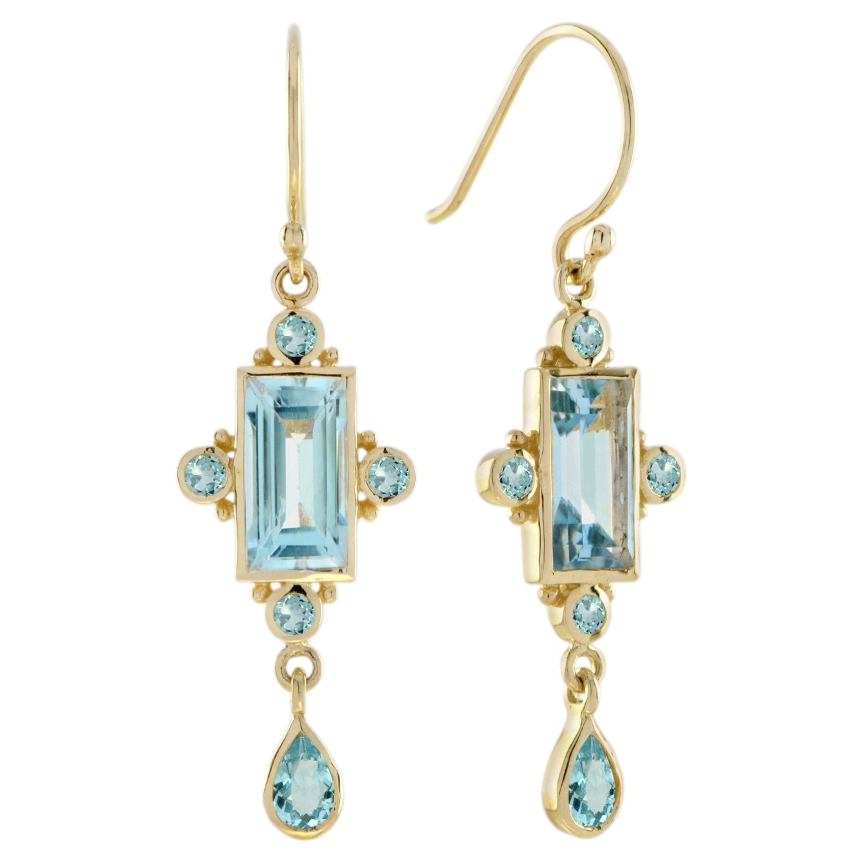 Blue Topaz Art Deco Style Dangle Earrings in 14K Yellow Gold
