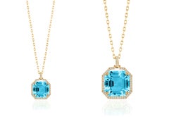 Blue Topaz Asscher Cut Pendant With Diamonds In 18K Yellow Gold