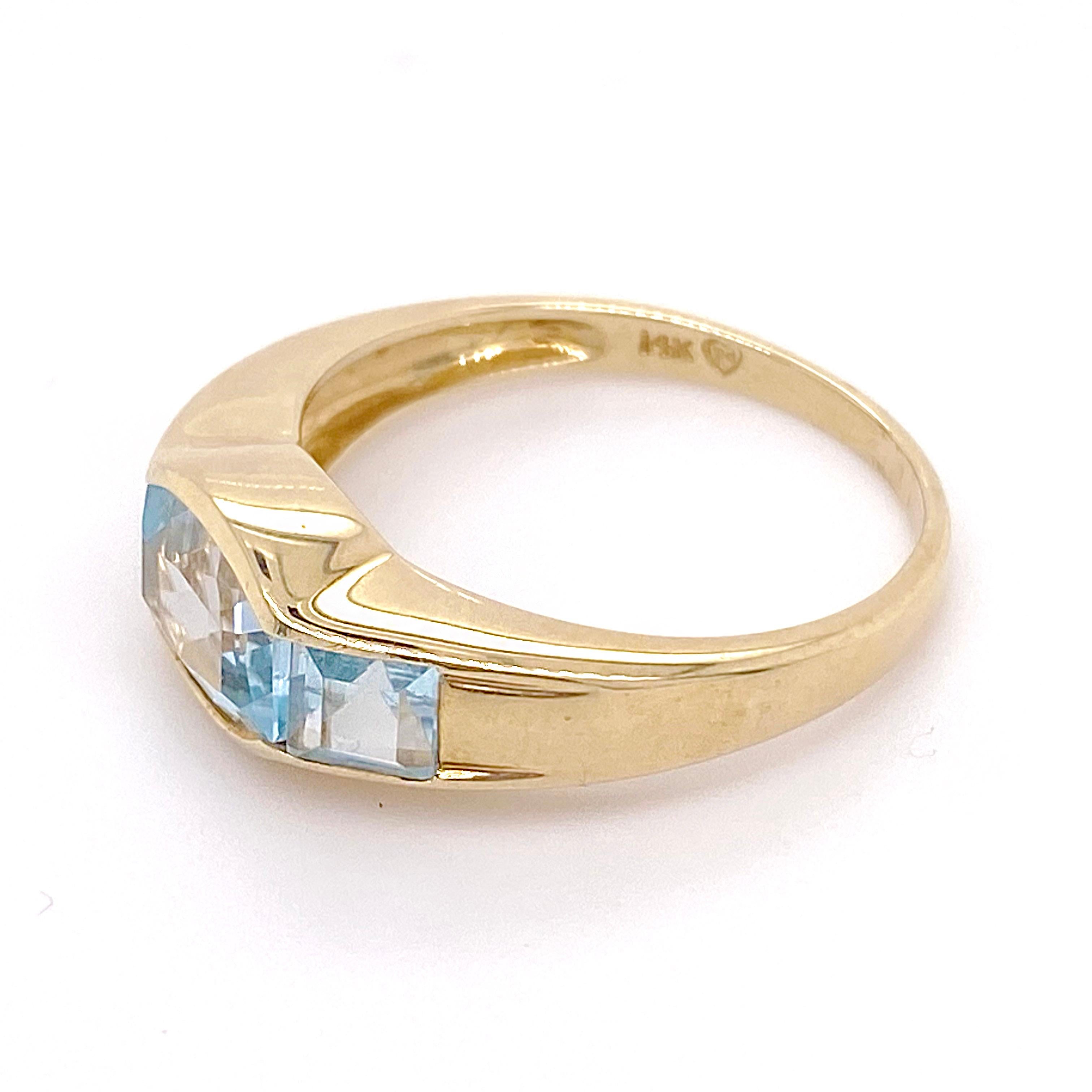Blauer Topas Bandring, 3 Stein Ring, Fancy Cut Echter Blautopas in Gelbgold (Zeitgenössisch)