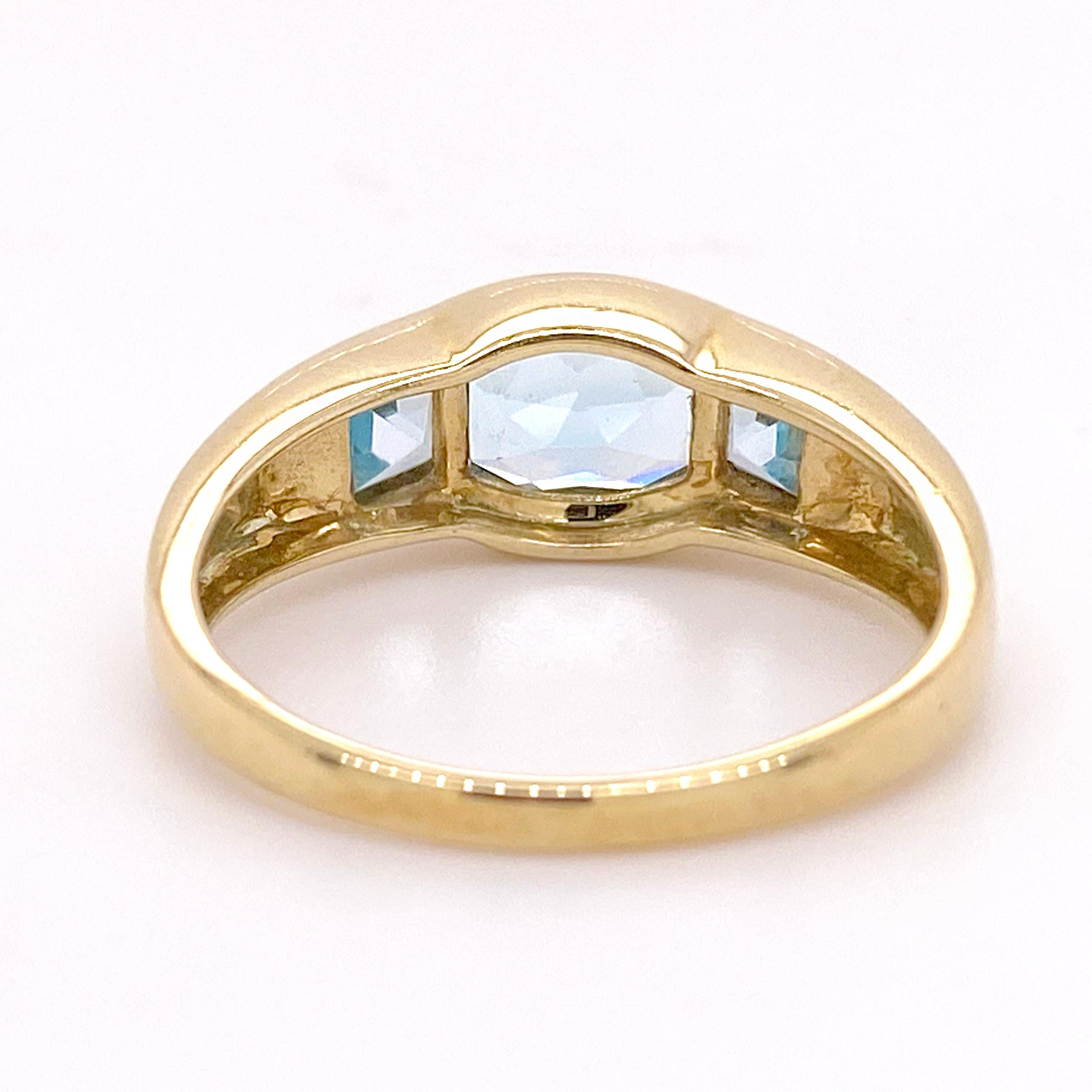 Contemporary Blue Topaz Band Ring, 3 Stone Ring, Fancy Cut Genuine Blue Topaz in Yellow Gold