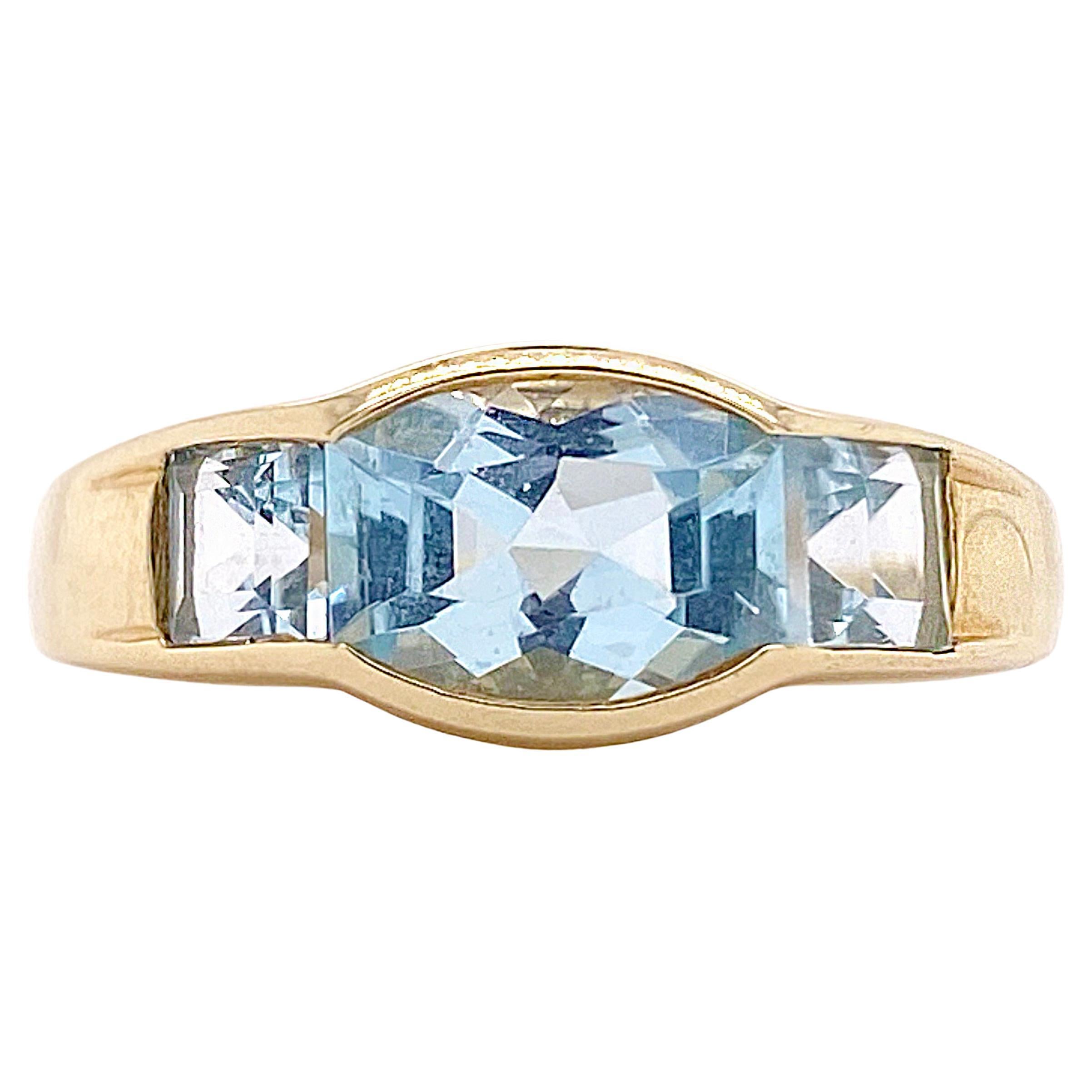 Blue Topaz Band Ring, 3 Stone Ring, Fancy Cut Genuine Blue Topaz in Yellow Gold