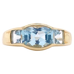 Blue Topaz Band Ring, 3 Stone Ring, Fancy Cut Genuine Blue Topaz in Yellow Gold