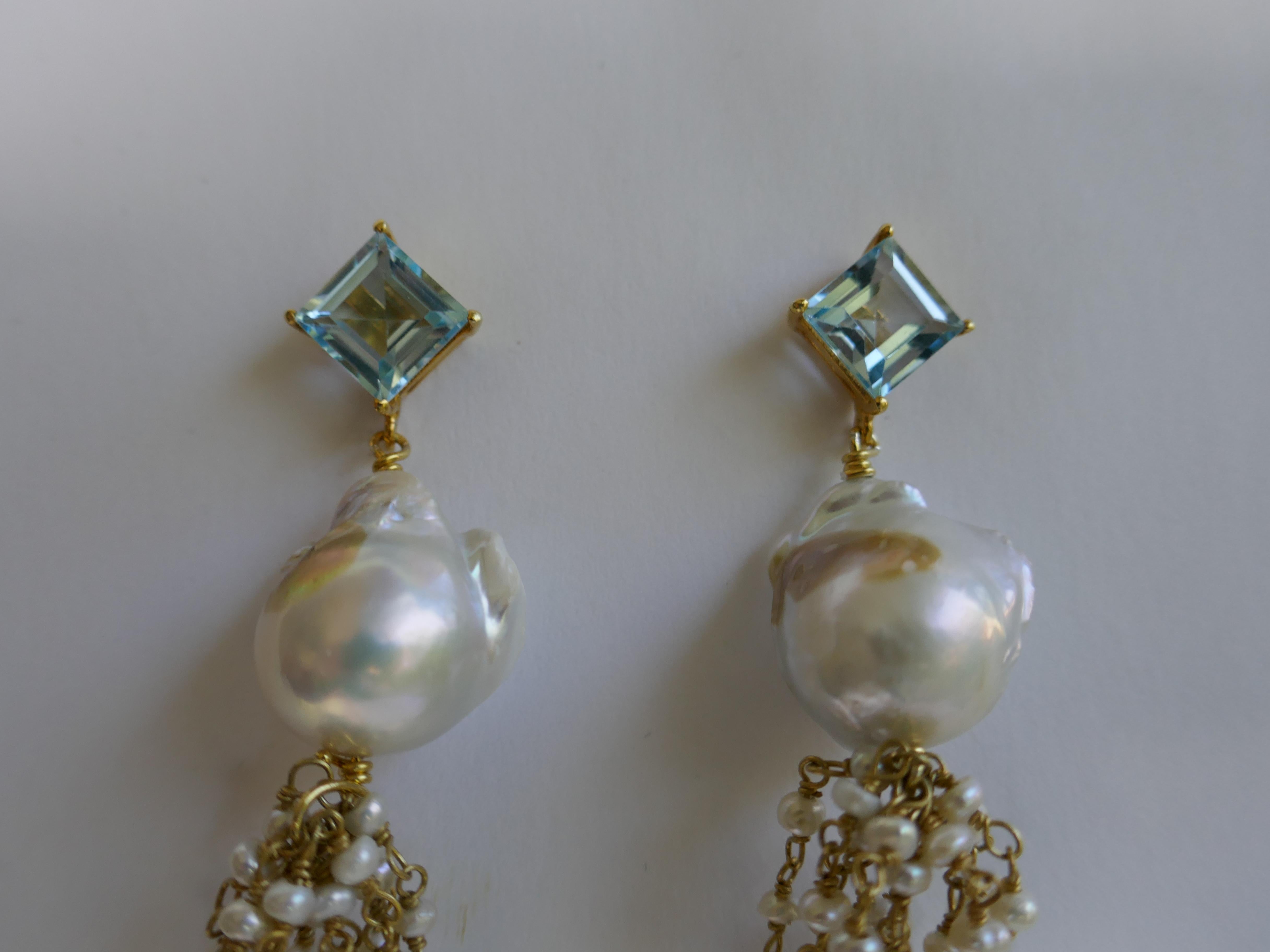 Blue Topaz Baroque Cultured Pearls Tassei 14k Plated 925 Sterling Silver Earring In New Condition In Coral Gables, FL